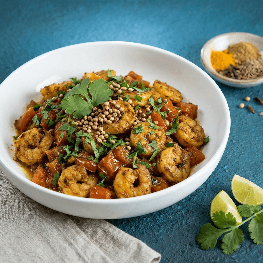 خوراک میگو با گوجهفرنگی و گشنیز